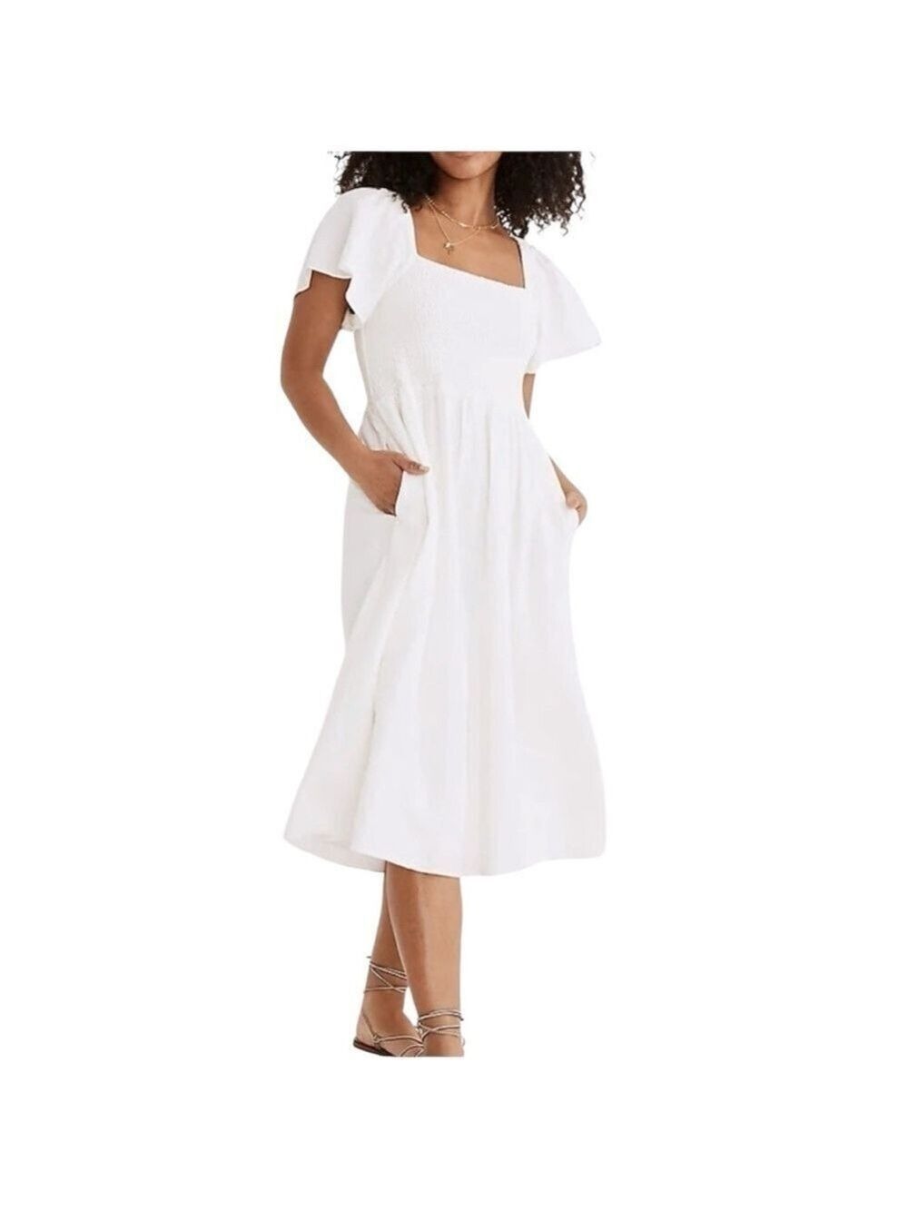 Madewell Flutter Sleeve Smocked Linen MIDI Dress Size XLP
